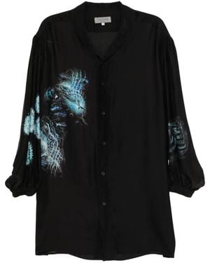 Yohji Yamamoto Scarf-Collar Graphic-Print Shirt - Black
