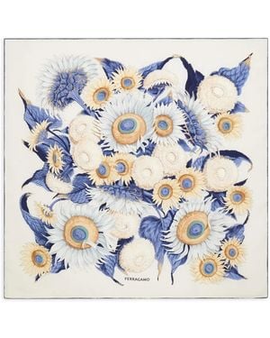 Ferragamo Sunflower-Print Silk Scarf - Blue
