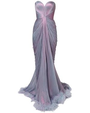 IRIS SERBAN Feather-Trim Pleated Maxi Dress - Purple