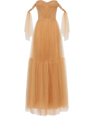 Elisabetta Franchi Pleated Tulle Maxi Dress - Natural