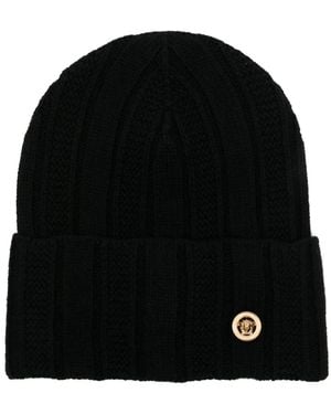 Versace Ribbed Wool Knit Beanie - Black