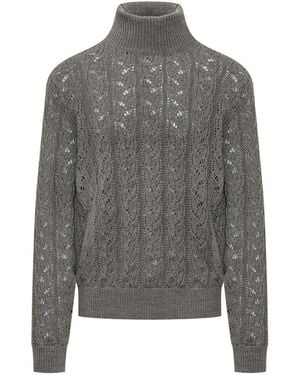 Amaranto Cable-Knit Pointelle-Trim Sweater - Gray