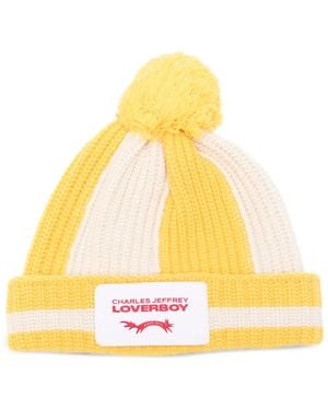 Charles Jeffrey Striped Pompom Beanie Hat - Yellow