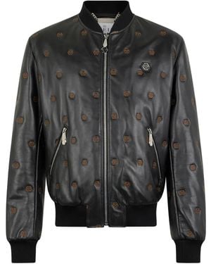 Philipp Plein Embroidered Nappa Leather Bomber Monogram Jacket - Black