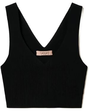 Twinset Geripptes Crop-Top mit V-Ausschnitt - Schwarz
