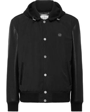 Philipp Plein Leather-Sleeve Hooded Bomber Jacket - Black