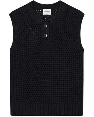 Closed Crochet-Knit Button-Up Vest - Black