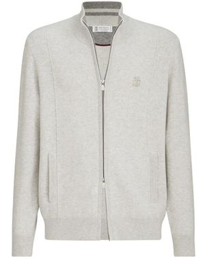 Brunello Cucinelli Cashmere Double Knit Cardigan With Zipper And Logo - White