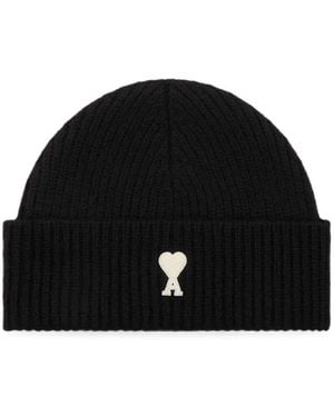 Ami Paris Wool Beanie With Ami De Coeur - Black