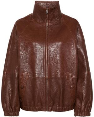 Sandro Zip-Up Leather Jacket - Brown