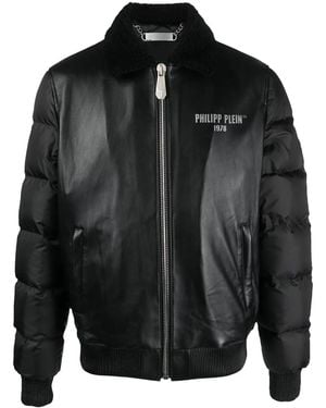 Philipp Plein Logo-Print Padded Leather Jacket - Black