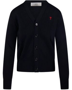 Ami Paris Ami De Coeur-Logo Embroidered Cardigan - Blue