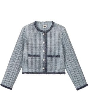 B+ AB Tweed-Effect Braided-Trim Jacket - Blue