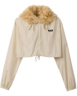 Miu Miu Technical Fabric And Shearling Windbreaker - Natural