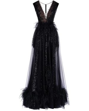 IMROSKA Maxi Onyx Lace Feather-Trim Dress - Black