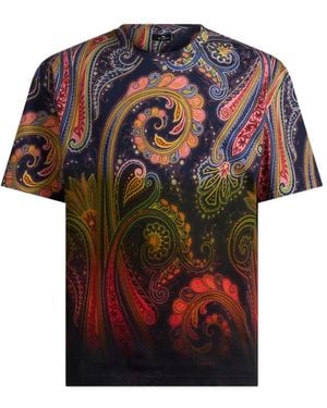 Etro Cotton Jersey T-Shirt With Degradé Paisley Motif - Blue
