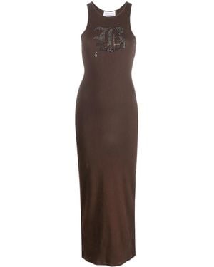 Blumarine Rhinestone-Logo Midi Dress - Brown