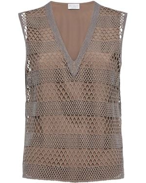 Brunello Cucinelli Crepe De Chine Net Embroidered Top - Brown