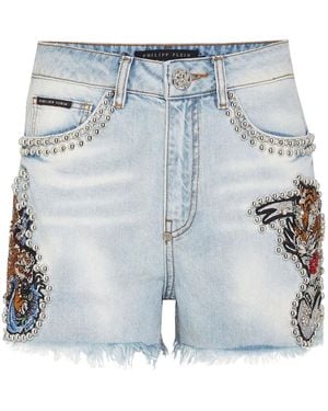 Philipp Plein Denim Hot Pants Tattoo - Blue