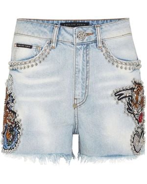 Philipp Plein Tattoo スタッズ デニムショーツ - ブルー