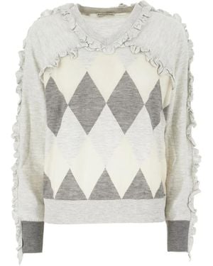 Ballantyne Ruffle-Trimmed Diamond-Pattern Sweater - Grey