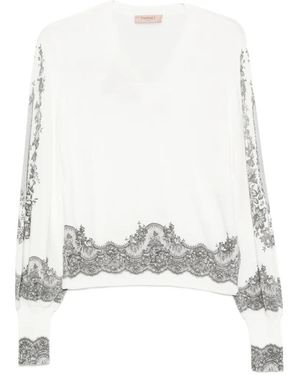 Twinset Lace-Trim Balloon-Sleeve Knit - White