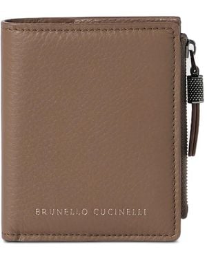 Brunello Cucinelli Korrelige Kalfsleren Portemonnee Met Glanzende Ritssluiting - Bruin
