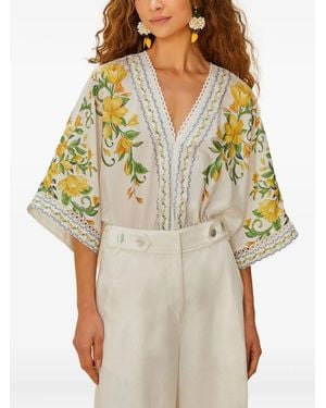 FARM Rio Floral-Print Lace Trim Bodysuit - White