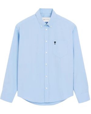 Ami Paris Boxy Cotton Shirt With Ami De Coeur - Blue