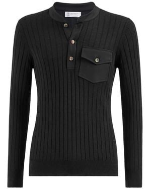 Brunello Cucinelli Cashmere And Silk Ribbed Sweater With Henley Collar And Chest Pocket - Black