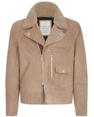 Brunello Cucinelli Suede Biker Jacket With Thermore Padding And Detachable Shearling Collar - Natural