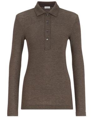 Brunello Cucinelli Glanzend Jersey Poloshirt Van Scheerwol - Bruin