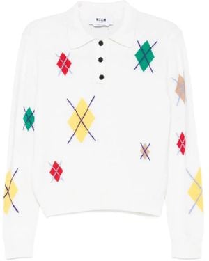 MSGM Diamond-Pattern Polo-Neck Sweater - White