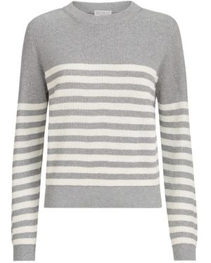 Brunello Cucinelli Sparkling Cotton Striped English Rib Jumper With Monili - White
