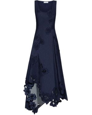 Oscar de la Renta Embroidered Floral Laser-Cut Asymmetric Dress - Blue