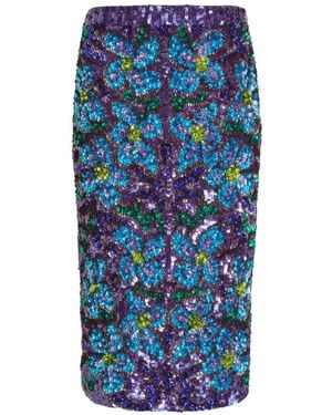 P.A.R.O.S.H. Longuette Sequin-Embellished Floral-Pattern Midi Skirt - Blue