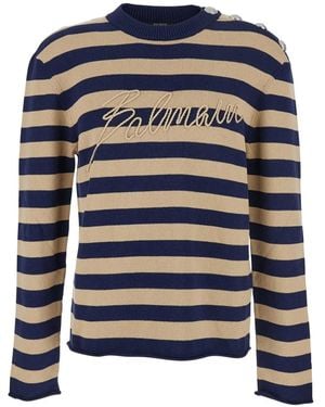 Balmain Gestreifter Pullover Mit Logo-Stickerei - Blau