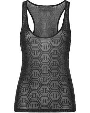 Philipp Plein Tulle Tank Top Monogram Strass - Black