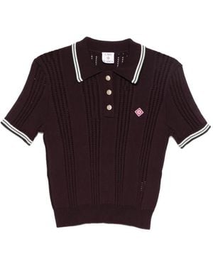 CASABLANCA Short-Sleeved Knit Polo With Vertical Open-Knit Stripes - Red