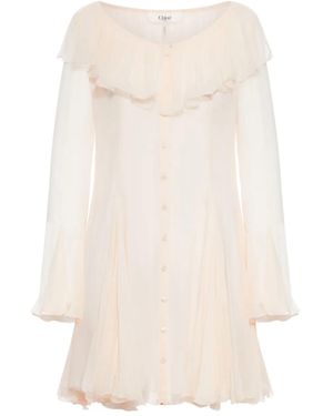 Chloé Flared Mini Dress With Ruffles - Natural