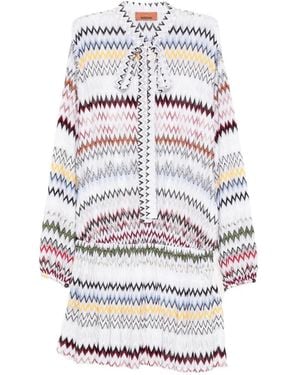 Missoni Zigzag-Pattern Tie-Neck Mini Dress - White