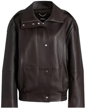 BOSS Funnel-Neck Leather Jacket - Black