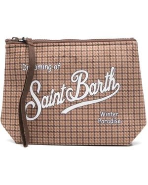 MC2 Saint Barth Aline Houndstooth-Print Logo-Print Clutch Bag - Brown