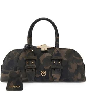 Pinko Camouflage-Print Leather Tote Bag - Black