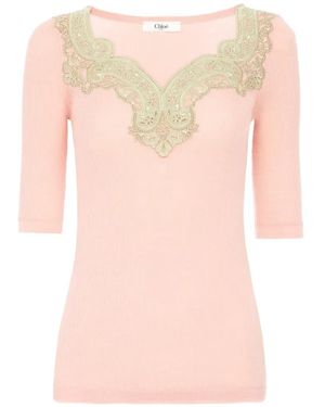 Chloé Pull Côtelé À Détail En Dentelle - Rose