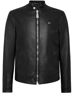 Philipp Plein Logo-Patch Leather Jacket - Black