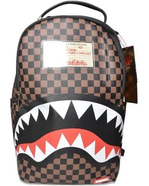 Sprayground Checkerboard-Pattern Shark-Detail Backpack - Brown