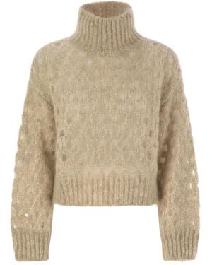 Brunello Cucinelli Dazzling Net Turtleneck Jumper Made Of Mohair And Wool Wispy - Natural