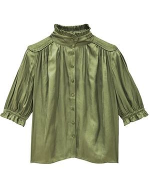 Ba&sh Camila Ruffled-Trim Smocked-Shoulder Blouse - Green
