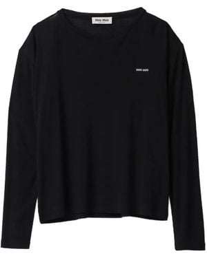 Miu Miu Long-Sleeved Ribbed Jersey T-Shirt - Black